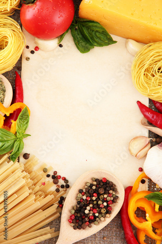 Photo: paper for recipes, spaghetti with vegetables and spices, paper for recipes, spaghetti with vegetables and spices,