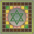 Stained glass panel with Star of David and menorah