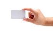 Hand showing credit card or business card. Isolated on white