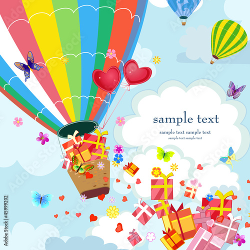 Vector: Happy Hot air balloon with gifts and love Happy Hot air balloon with gifts and love