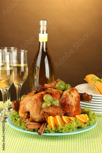 Photo: table setting for Thanksgiving day on brown background close-up table setting for Thanksgiving day on brown background close-up
