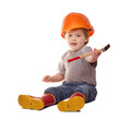 Toddler in hardhat with hammer. Isolated over white
