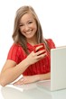 Beautiful woman with tea and laptop