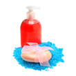 Sea salt and soap isolated on white background