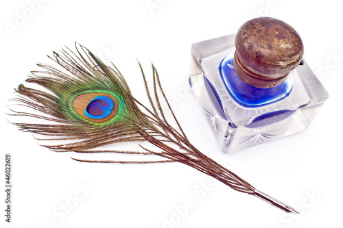 Photo: Peacock feather quill and inkwell Peacock feather quill and inkwell