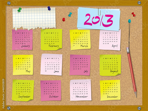 Vector: 2013 calendar - week starts on Sunday - cork board with notes 2013 calendar - week starts on Sunday - cork board with notes