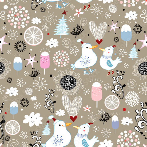 Vector: winter texture with birds on a brown background with snowflakes winter texture with birds on a brown background with snowflakes