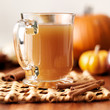 Photo: glass of apple cider with fall themed background. glass of apple cider with fall themed background.