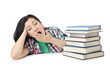 Tired student with textbooks on white