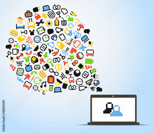 Vector: Abstract speech cloud of pixel icons and computer Abstract speech cloud of pixel icons and computer