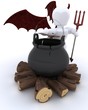 deamon with cauldron of eyeballs on log fire