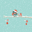 Bird Pulling Candy Cane Sleigh Gift On Tree Retro