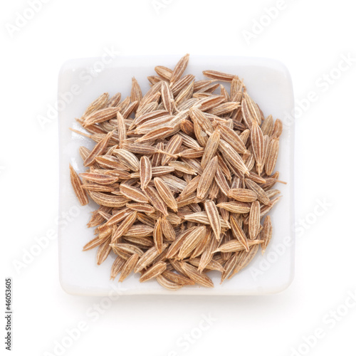 Photo: Cumin seeds in a white bowl on white background. Cumin seeds in a white bowl on white background.