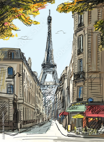Photo: Street in paris - illustration Street in paris - illustration