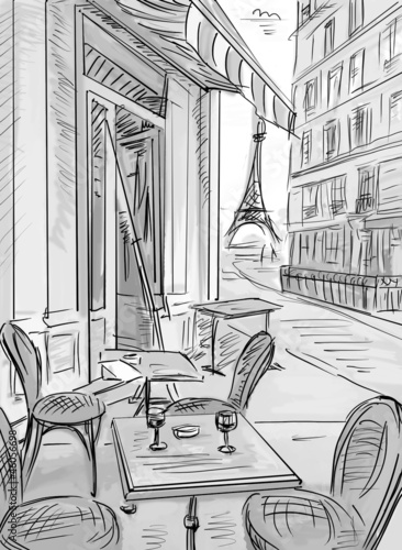 Photo: Street in paris -sketch illustration Street in paris -sketch illustration