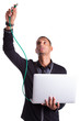 Young african american computer scientist plugin a ethernet cabl