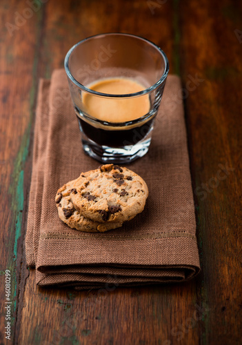Photo: Chocolate chip cookies and a glass of espresso Chocolate chip cookies and a glass of espresso