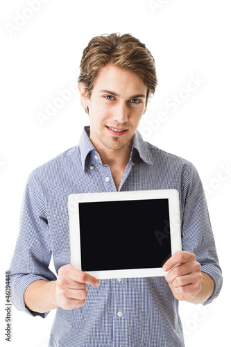 Photo: Mann hält Tablet zur Kamera Mann hält Tablet zur Kamera
