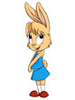 Cartoon little rabbit female in blue skirt and shirt
