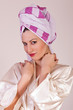 Beauty make up. Woman with towel on her head