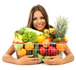 beautiful young woman with fruits and vegetables in shopping