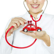 Woman is checking a red car very closely with stethoscope