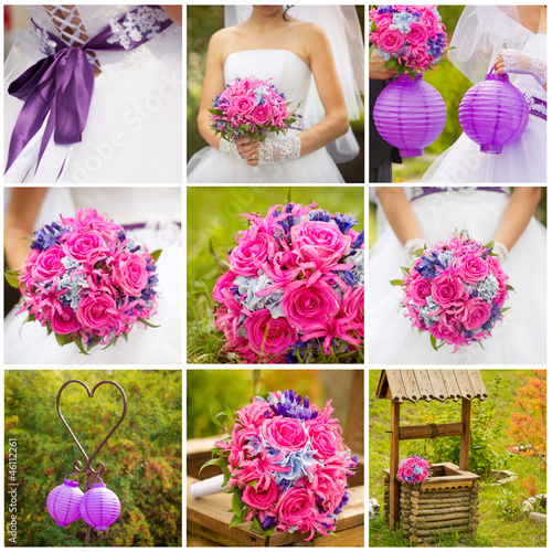 Photo: Bride's bouquet and other wedding details in pink and purple Bride's bouquet and other wedding details in pink and purple
