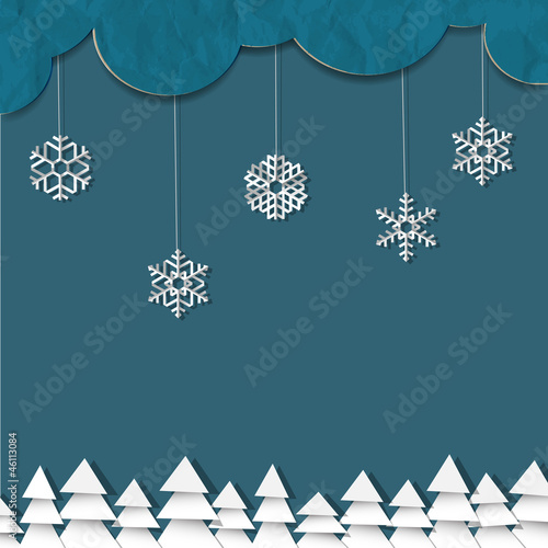 Vector: Blue background with paper snowflakes and Christmas trees Blue background with paper snowflakes and Christmas trees
