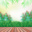 Photo: wood terrace and green garden background wood terrace and green garden background