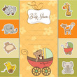 funny teddy bear in stroller, baby announcement card
