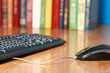 A computer mouse and a keyboard against books on the desk