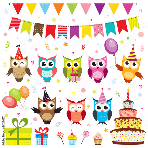 Set of vector birthday party elements with owls