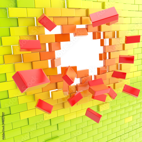 Illustration: Brick wall broken into pieces background Brick wall broken into pieces background