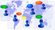 Blue world map with blue people communicating