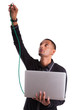Young african american computer scientist plugin a ethernet cabl