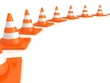 row of orange road traffic cones on white background