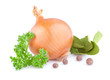 Fresh gold onions, pimento, parsley and bay leaves isolated on w