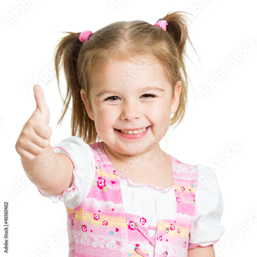 Photo: happy child girl with hands thumbs up happy child girl with hands thumbs up