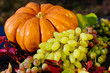 Harvested pumpkins with grapes and fall leaves