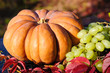 Harvested pumpkins with grapes and fall leaves