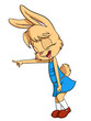 Cartoon little laugh rabbit female in blue skirt and shirt