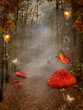 Illustration: Enchanted nature series - autumnal pathway with red mushrooms Enchanted nature series - autumnal pathway with red mushrooms