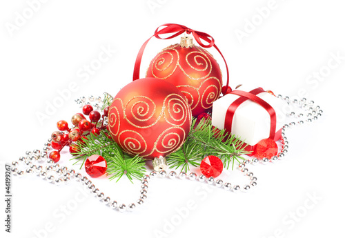 Photo: Two christmas balls with pine and decorations Two christmas balls with pine and decorations