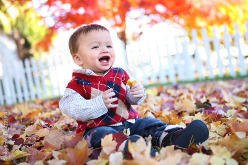 Photo: Cute Boy Playing in Leaves Cute Boy Playing in Leaves