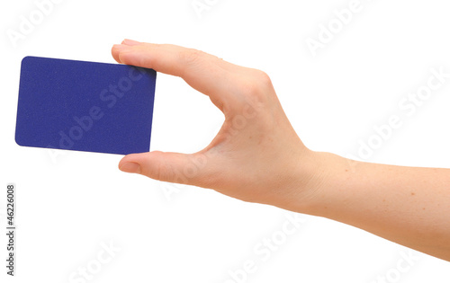 Photo: Woman's hand hold blank card isolated over white Woman's hand hold blank card isolated over white