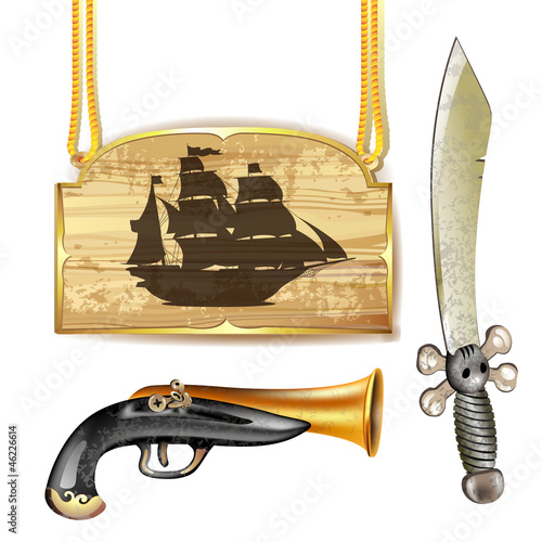Vector: Pirate ship over wood banner with sword and gun Pirate ship over wood banner with sword and gun