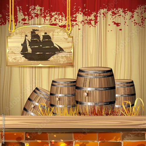 Vector: Pirate ship over wood banner and barrels Pirate ship over wood banner and barrels