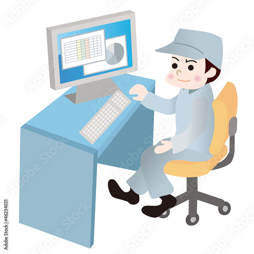 Vector: パソコンで管理をする作業員のイラスト パソコンで管理をする作業員のイラスト