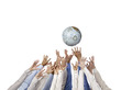 diverse group of hands reaching a globe
