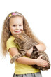 happy child girl holding  cat isolated on white
